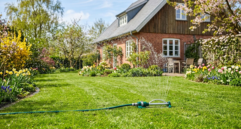 Ein Rasensprenger bewässert am frühen Morgen eine bereits gemähte, hellgrüne Rasenfläche im Frühjahr, während sich feine Wassertropfen in der Luft zeigen