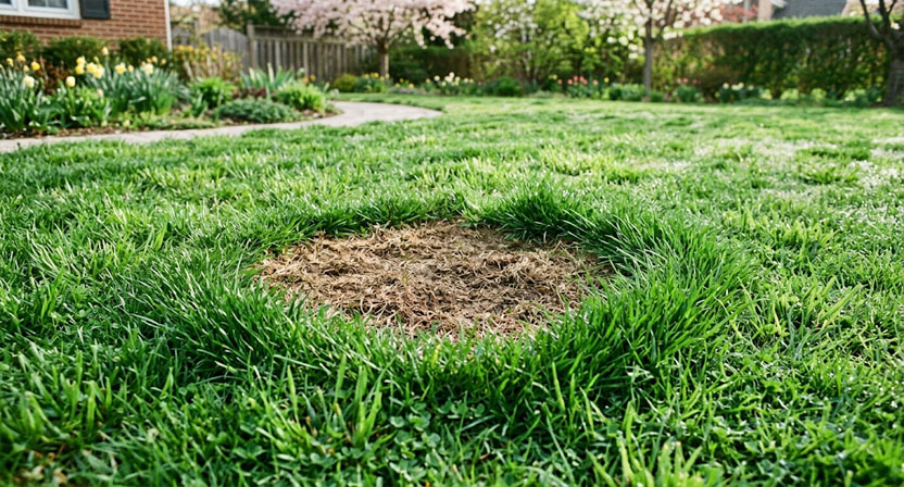 Eine einzelne kahle, bräunliche Stelle in einem sonst schon leicht ergrünenden Rasen im Frühjahr, umgeben von deutlich dichterem Gras