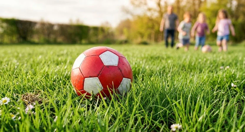 Ein etwas länger gewachsener, dichter Spielrasen mit einem liegen gelassenen Ball, im Hintergrund spielende Kinder unscharf zu erkennen