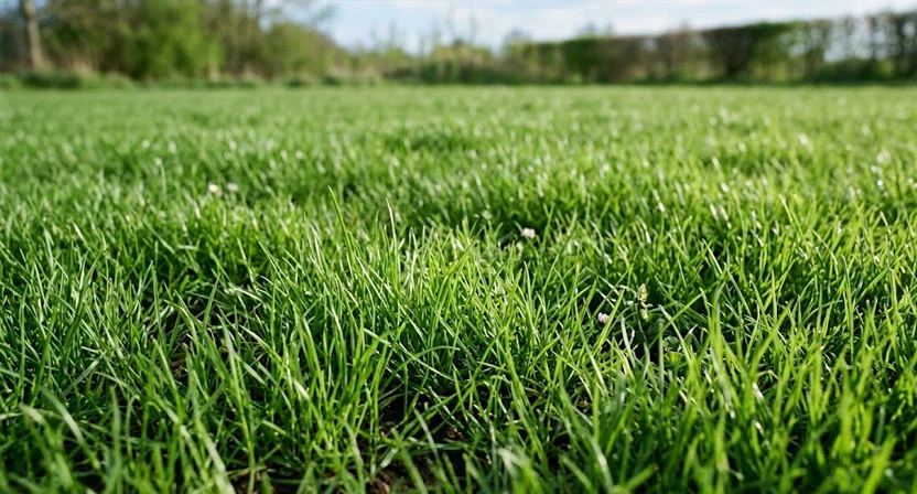 Frisch austreibendes, saftig grünes Rasengras im Frühjahr, noch ohne die ersten Mähspuren der Saison