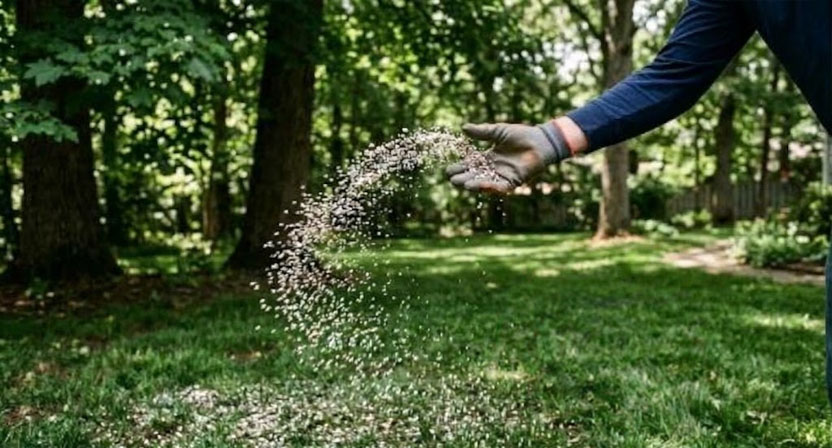 Eine Hand streut Rasendünger-Körner über eine schattige Rasenfläche unter Bäumen