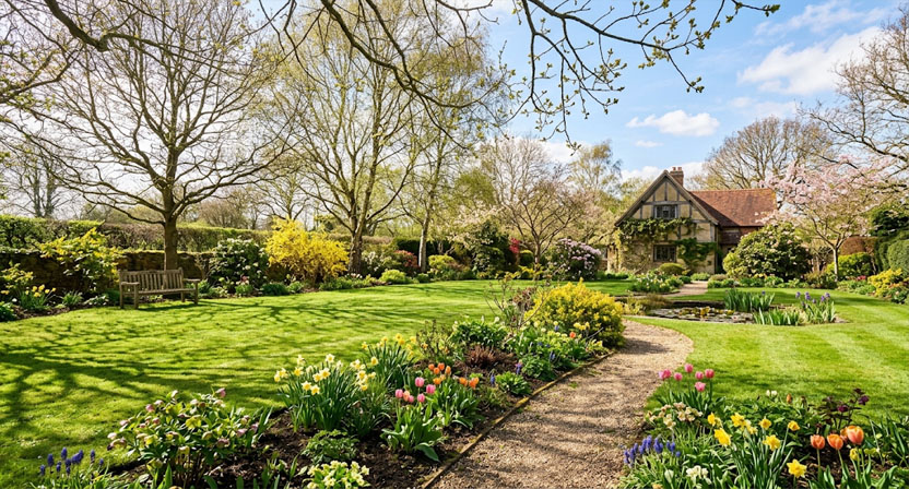 Ein Gartenbereich im Frühjahr mit noch lichter Baumkrone und deutlich mehr Sonnenlicht auf dem Rasen als im dichten Sommerlaub
