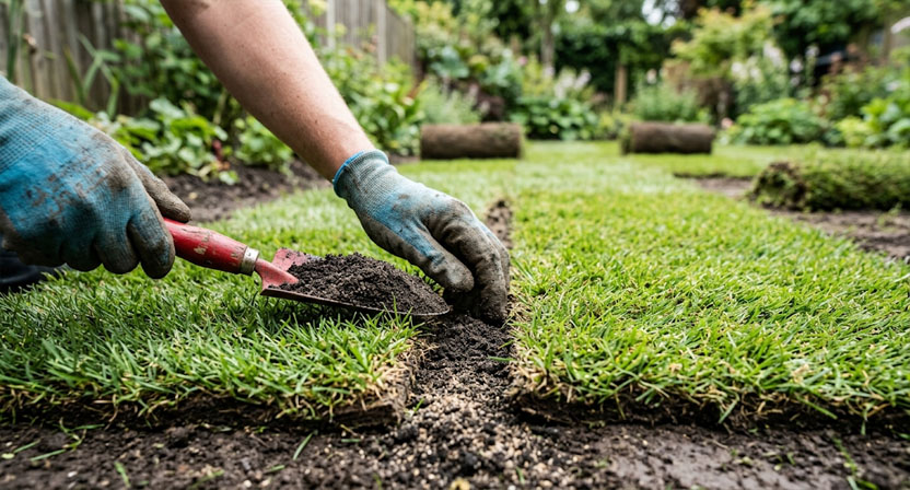 Hände bessern mit feiner Erde eine offene Fuge zwischen zwei Rollrasenbahnen im Garten aus