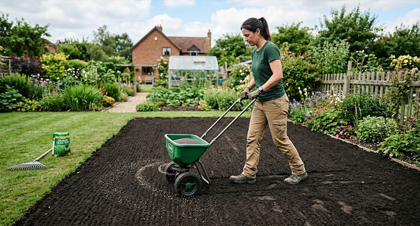Eine Person schiebt einen kleinen Streuwagen über eine vorbereitete, geharkte Erdfläche im Garten und bringt Rasensaatgut gleichmäßig aus