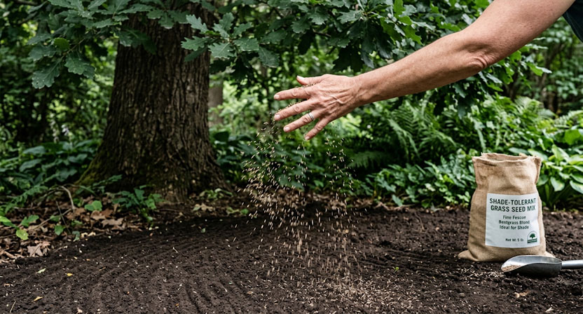 Eine Hand streut Rasensamen einer Schattenmischung auf vorbereiteten Boden unter einem Baum aus