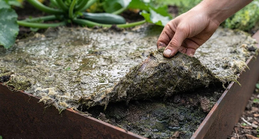 Dicke Lage frischer Rasenschnitt auf der Erde eines Hochbeets, zu einer schmierigen grauen Matte verfilzt, eine Hand hebt eine Ecke an und zeigt die faulig-feuchte Erde darunter