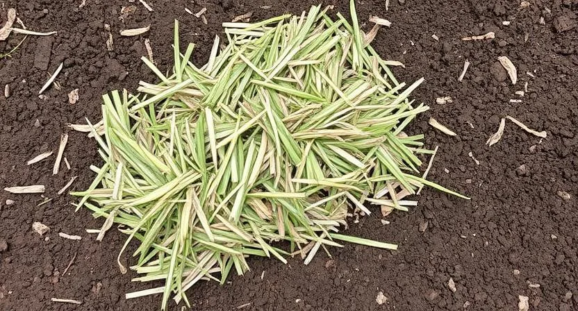 Getrockneter Grasschnitt wird als Schicht auf dem Boden eines Hochbeets verteilt. Der Fokus liegt auf der Textur des getrockneten Grases und der Erde darunter.