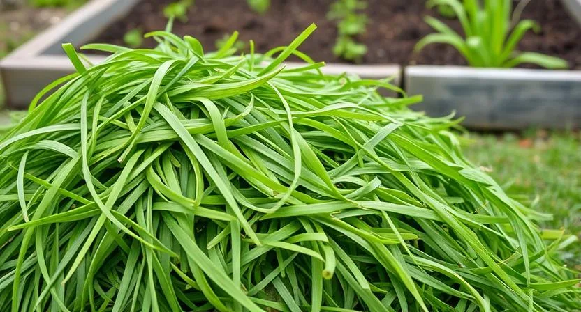 Frisch geschnittene grüne Grasschnittreste sind zu einem Haufen aufgeschichtet, im Hintergrund ist ein Hochbeet sichtbar. Der Fokus liegt auf der Textur und der lebendigen Farbe des Grases.