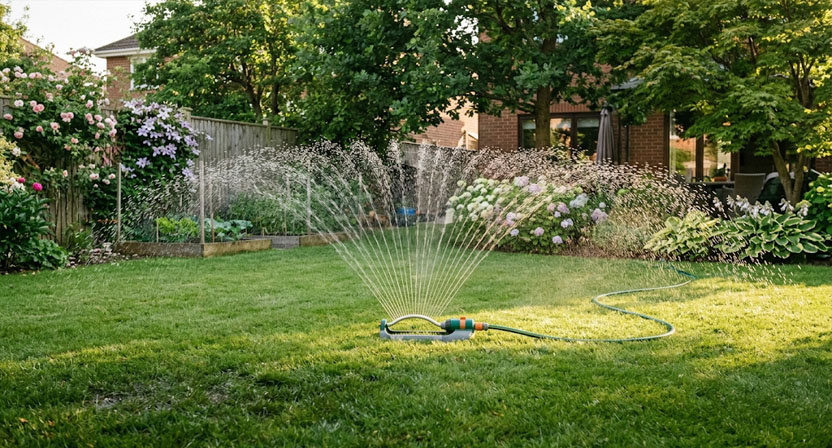 Ein automatischer Rasensprenger verteilt Wasser fächerförmig über eine Gartenfläche im Sommer