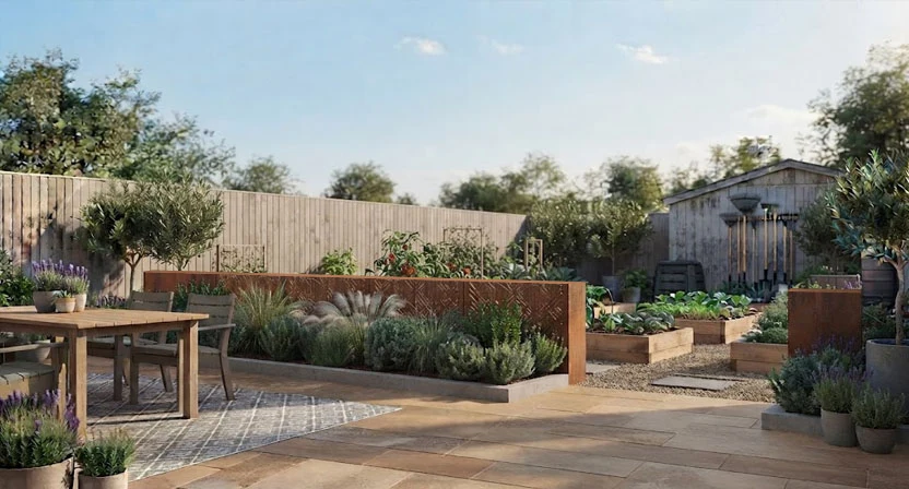 Ein Raumteiler aus Cortenstahl setzt eine Terrasse gegen den dahinterliegenden Nutzgarten ab