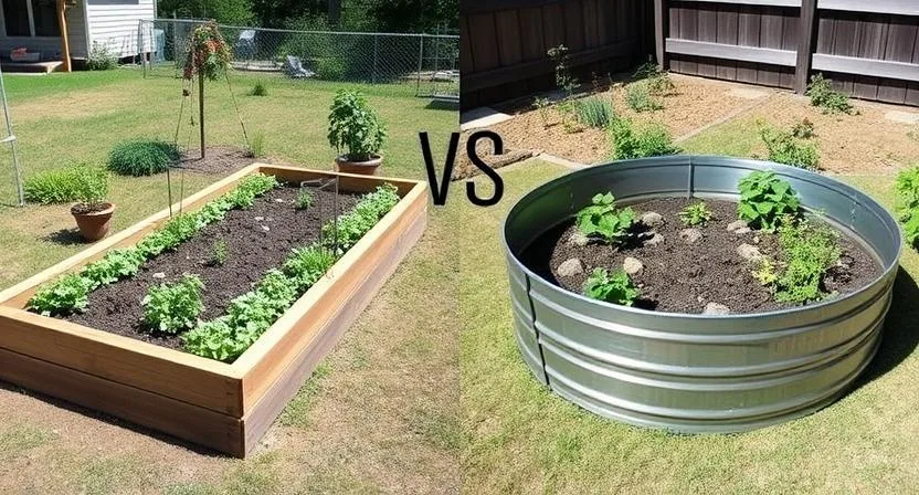 Ein Vergleich zwischen einem rechteckigen Hochbeet aus Holz und einem runden Hochbeet aus Metall im selben Garten, beide bepflanzt. Unterschiedliche Formen, aber gleicher Zweck. Sonniger Tag, Weitwinkelaufnahme.
