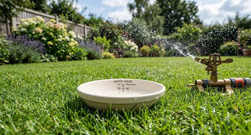 Eine flache Schale steht auf einer Rasenfläche, um die vom Sprenger verteilte Wassermenge während des Gießens zu messen