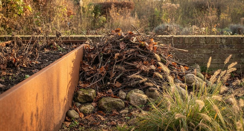 Ruhige Gartenecke neben einem Cortenstahl-Hochbeet mit einem losen Reisighaufen, trockenem Laub und ungemähtem Gras als Nützlings-Winterquartier