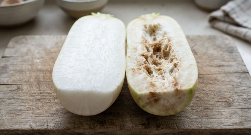 Zwei längs aufgeschnittene weiße Rettiche auf einem Holzbrett: der eine knackig und gleichmäßig weiß, der andere mit schwammigem, hohlem, bräunlichem Kern