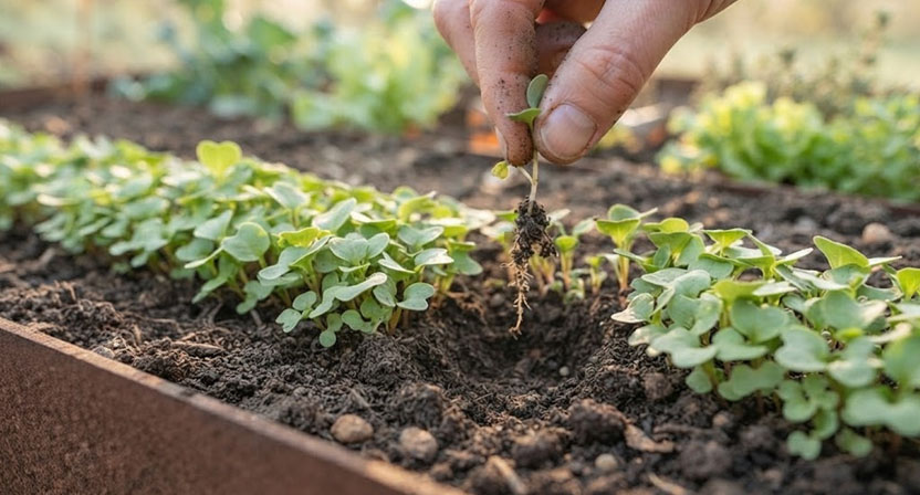 Nahaufnahme einer viel zu dicht stehenden Rettich-Sämlingsreihe, zwei Finger ziehen einen schwächeren Sämling heraus, damit die Nachbarn Platz haben