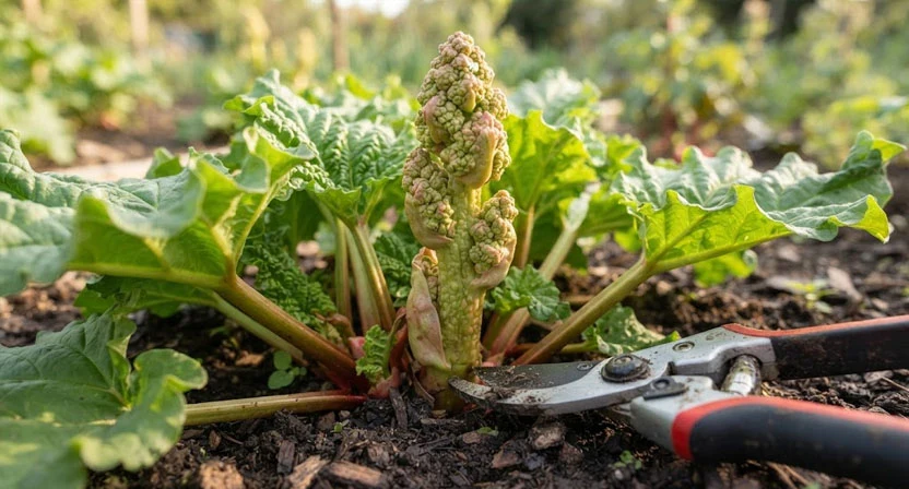 Ein dicker, knolliger Blütenstand schiebt sich aus der Mitte einer Rhabarberpflanze, deutlich höher und kräftiger als die umgebenden Blattstiele, eine Gartenschere setzt tief unten an