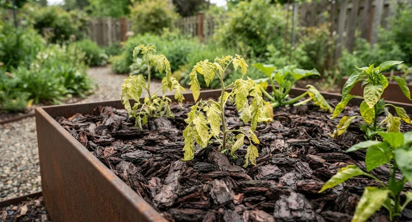 Ein Hochbeet mit Rindenmulch auf dem Boden, in dem einige gelbe und ungesunde Gemüsepflanzen sichtbar sind. Veranschaulicht die potenziellen negativen Auswirkungen von Rindenmulch in einem Hochbeet.