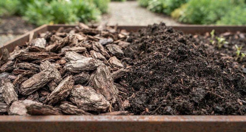 Nahaufnahme von Rindenmulch in einem Hochbeet, der nur wenige Anzeichen von Zersetzung zeigt, mit etwas frischerem, dunklerem Kompostmaterial in der Nähe zum Vergleich. Veranschaulicht die langsame Zersetzung von Rindenmulch.