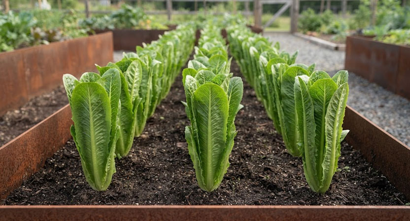 Eine Reihe aufrechter Römersalatpflanzen in einem Cortenstahl-Hochbeet, gleichmäßig verteilt, ihre langen gerippten Blätter stehen aufrecht, die Erde dazwischen sauber