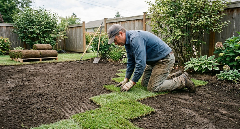 Arbeiter verlegt Rollrasenbahnen im versetzten Verband auf frisch vorbereitetem Gartenboden