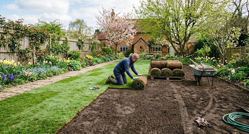 Gartenfläche im Frühjahr, teilweise mit Rollrasen bedeckt, teilweise noch offene, geglättete Erde