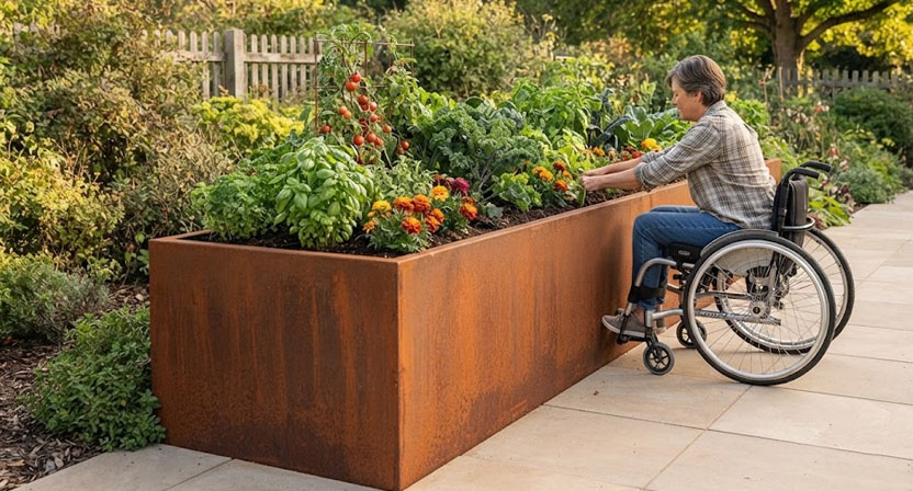 Ein hohes Hochbeet aus Cortenstahl steht an einem befestigten, ebenen Gartenweg, an dem eine Person im Rollstuhl seitlich heranfahren kann