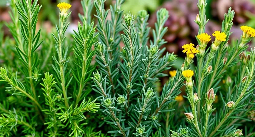 Künstlerische Nahaufnahme von verschiedenen Rosmarin-Variationen, darunter aufrechter Rosmarin, kriechender Rosmarin und goldener Rosmarin, arrangiert mit Zweigen und Etiketten. Die unterschiedlichen Blatttexturen und Wachstumsgewohnheiten werden vor einer natürlichen Gartenkulisse betont.