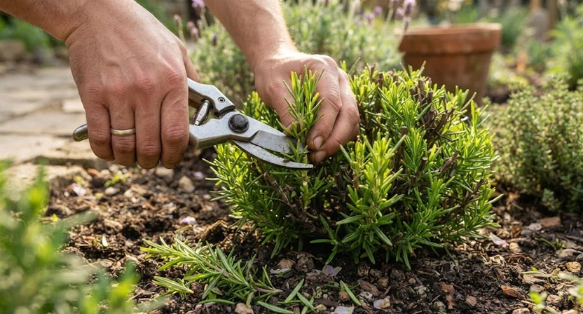 Eine Gartenschere schneidet im Frühjahr junge, grüne Rosmarintriebe eines kompakten Strauchs zurück
