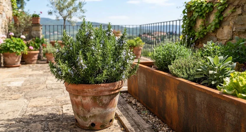 Ein Rosmarinstrauch wächst in einem Terrakotta-Topf mit Drainagelöchern auf einer sonnigen Terrasse neben dem Hochbeet