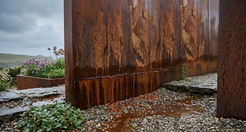 Feuchte, dunkel gefärbte Rostwasserspuren laufen nach einem Regenschauer an der Unterkante einer Cortenstahl-Wand entlang