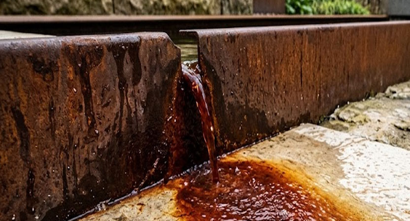 Rotbraunes Rostwasser läuft von einer Cortenstahl-Kante über einen hellen Pflasterstein und hinterlässt dort einen deutlichen Farbverlauf.