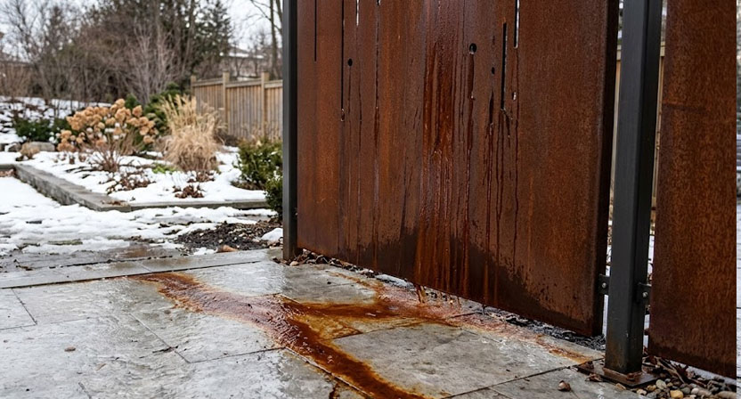 Rötlich-braunes Rostwasser läuft von einer Cortenstahl-Sichtschutzwand über hellgraue Pflastersteine, im Hintergrund liegen letzte Schneereste.