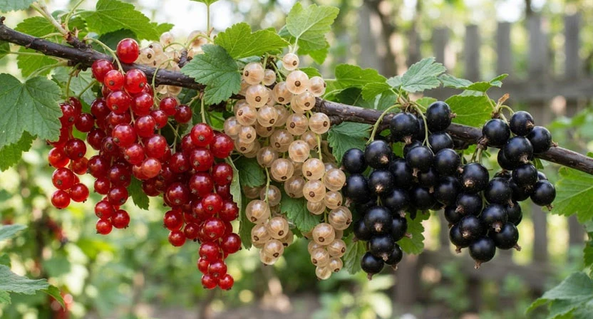 Rote, weiße und schwarze Johannisbeeren hängen in dichten Rispen nebeneinander an den Trieben