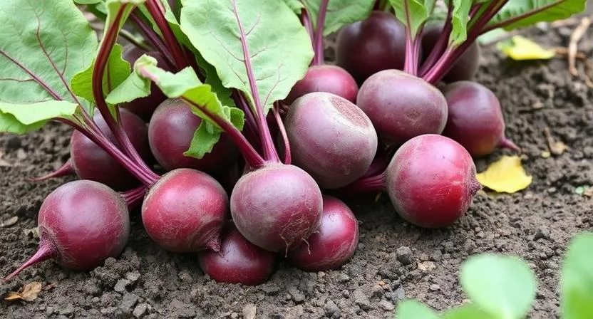 Runde, dunkelrote Rote Bete wachsen in der Erde, mit ihren grünen Blattspitzen sichtbar in einem Hochbeet.