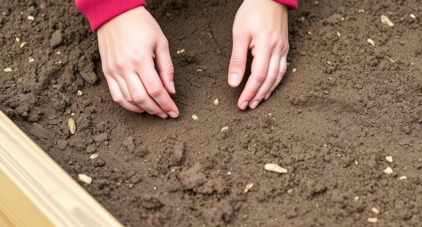 Hände säen kleine Rote-Bete-Samen direkt in flache Reihen im Boden eines Hochbeets. Dies zeigt die richtige Tiefe und den passenden Abstand beim Aussäen.