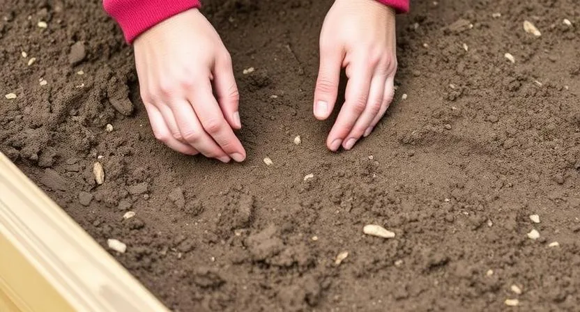 Hände säen kleine Rote-Bete-Samen direkt in flache Reihen im Boden eines Hochbeets. Dies zeigt die richtige Tiefe und den passenden Abstand beim Aussäen.
