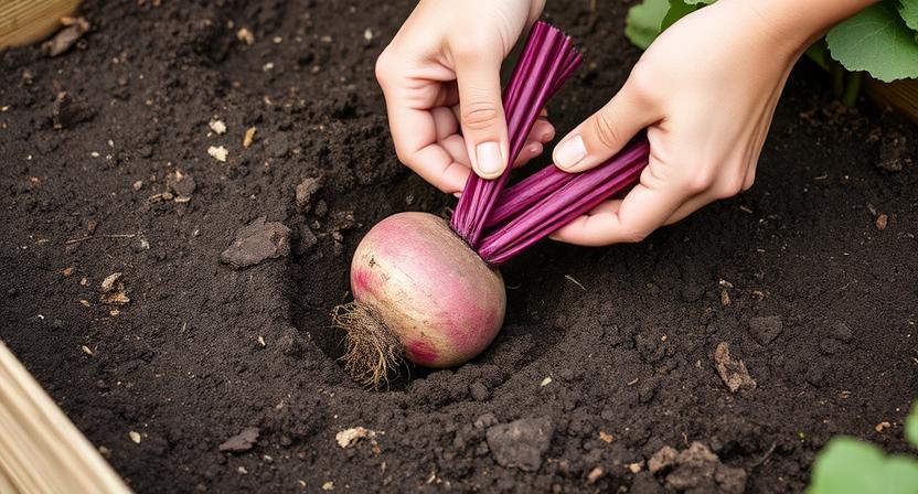 Hände ziehen vorsichtig reife Rote-Bete-Knollen aus der Erde eines Hochbeets. Dies veranschaulicht den Erntevorgang.