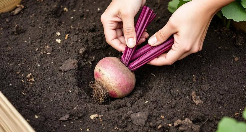 Hände ziehen vorsichtig reife Rote-Bete-Knollen aus der Erde eines Hochbeets. Dies veranschaulicht den Erntevorgang.