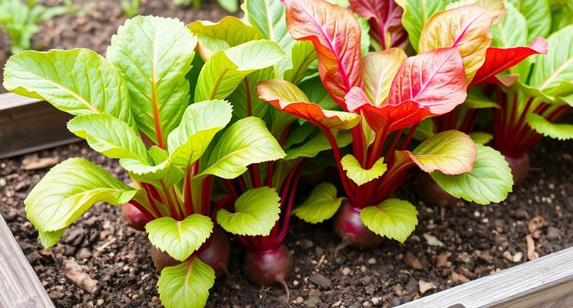 Gesunde Rote-Bete-Pflanzen mit kräftigem grün-rötlichem Laub wachsen in einem Hochbeet. Dies zeigt gute Bodenfeuchtigkeit und kräftiges Wachstum.