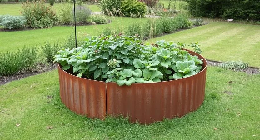 Ein rundes Hochbeet aus Edelrost, bepflanzt mit verschiedenen Pflanzen, steht zentral in einem Garten mit Rasen und weiterer Begrünung. Bewölkter Tag, Weitwinkelaufnahme, die den gesamten Gartenkontext zeigt.