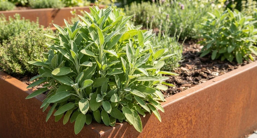 Ein buschiger Salbeistrauch mit samtig-graugruenen Blaettern waechst aufrecht am Rand eines Cortenstahl-Hochbeets in voller Sonne