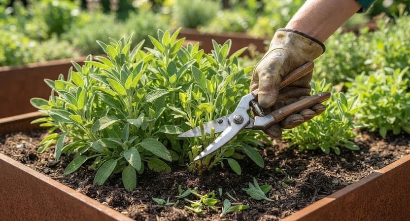 Eine Gartenschere schneidet im Frühjahr junge, grüne Salbeitriebe eines buschigen Strauchs um etwa ein Drittel zurück