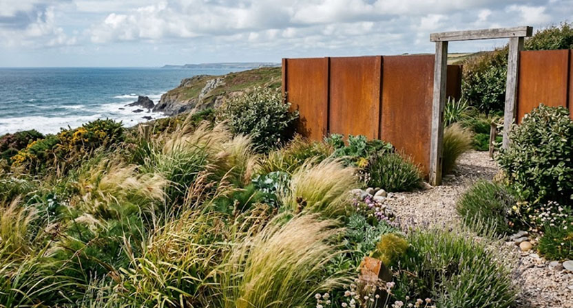 Wind bewegt Gräser und Sträucher in einem küstennahen Garten, im Hintergrund ist eine Cortenstahl-Sichtschutzwand mit ungleichmäßiger Rostfarbe zu erkennen