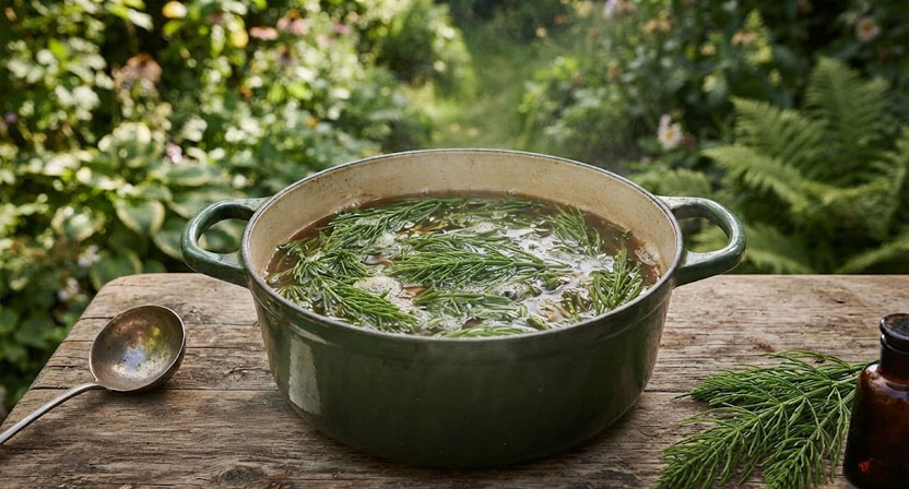 Ein Kochtopf mit köchelnder Schachtelhalmbrühe und zerkleinertem Ackerschachtelhalm auf einem Gartentisch im Freien