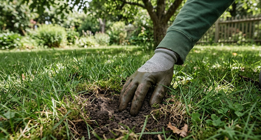 Eine Hand prüft mit der Fingerprobe die Bodenfeuchtigkeit unter einem schattigen Rasenstück