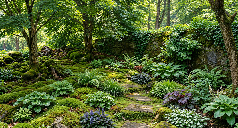 Ein dauerhaft schattiger Gartenwinkel mit dichtem Moosbewuchs und vereinzelten schattenverträglichen Bodendeckern statt Rasen