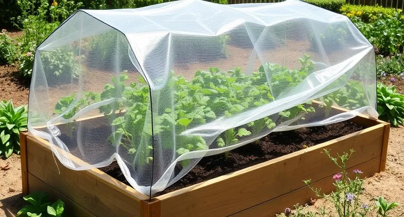 Ein Hochbeet, das mit einem schützenden Netz oder Plastikabdeckung bedeckt ist, um die darin wachsenden Pflanzen zu schützen. Konzept der Gartenabdeckung, Tageslicht, mittlere Aufnahme.