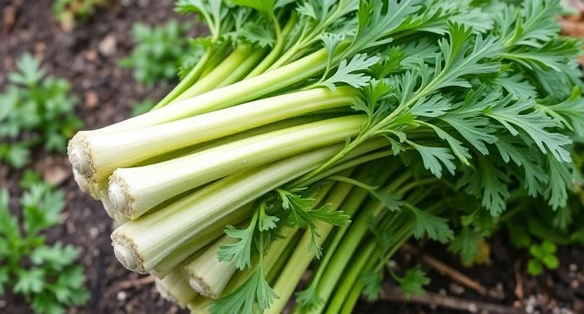Ein Bund frischer Selleriestangen mit Blättern im Garten, der die typische Struktur von Selleriepflanzen zeigt.