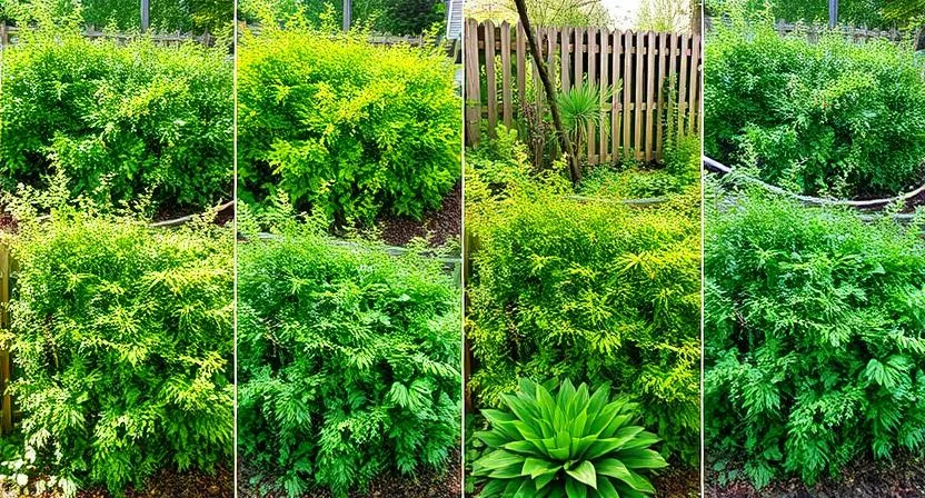 Eine Auswahl verschiedener Sichtschutzpflanzen, die in unterschiedlichen Lichtverhältnissen im Garten gedeihen – einige in voller Sonne, andere in halbschattigen Bereichen. Zeigt ihre Anpassungsfähigkeit.