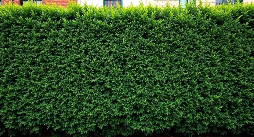 Eine sehr dichte und buschige Hecke, wie eine formale Buchsbaumhecke oder eine streng geschnittene Ligusterhecke, die vollständigen Sichtschutz bietet. Zeigt Undurchsichtigkeit und Fülle.